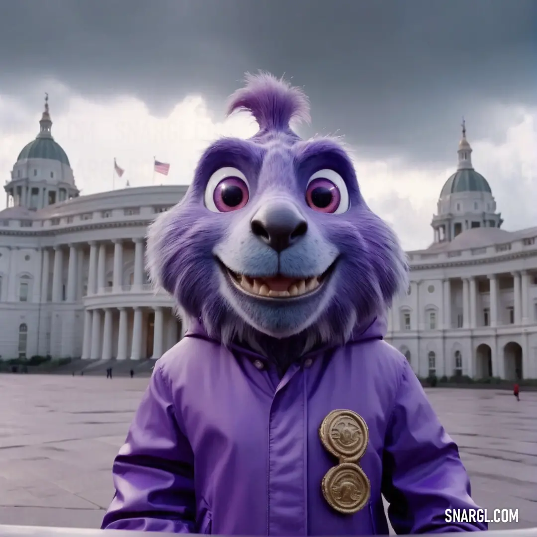 A whimsical purple furry creature, dressed in a matching jacket and displaying a gold medal, stands proudly against a charming white building, radiating an aura of charm and playfulness.