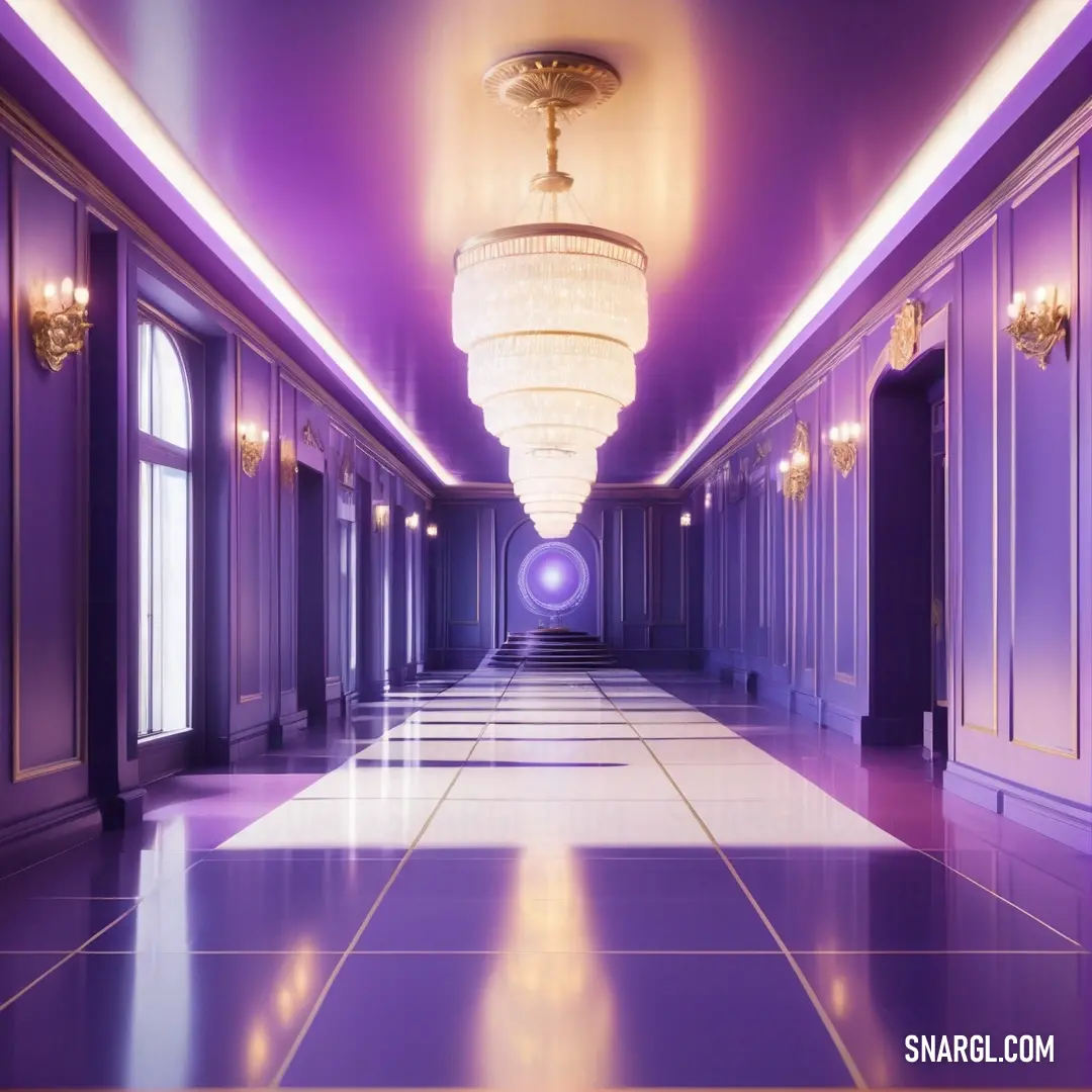 A luxurious purple hallway features an elegant chandelier shimmering above, with large windows framing the space. The soft glow of purple light illuminates the intricate details, creating a grand and inviting passage that whispers elegance.