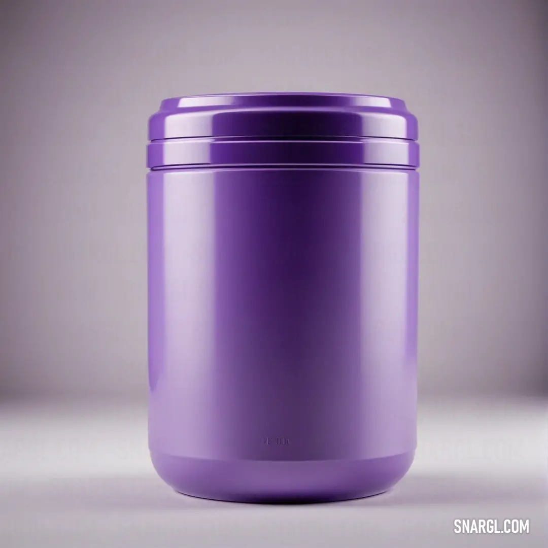 A stylish purple plastic container with a secure lid sits on a table, against a subtle gray background, combining practicality and aesthetic appeal with its vibrant hue and sleek design.