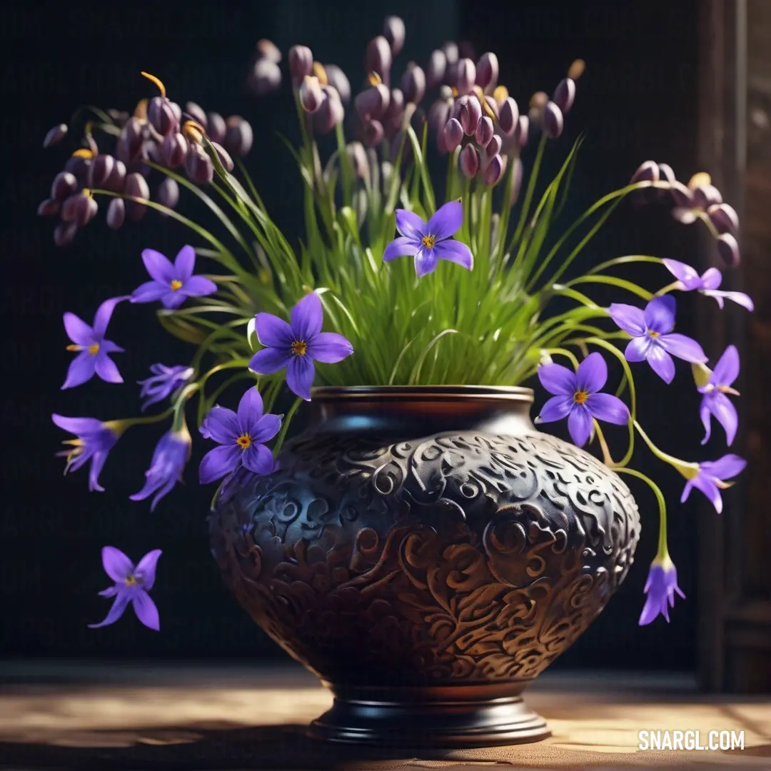 A graceful vase brimming with enchanting purple flowers graces a table, positioned thoughtfully by a window. The backdrop of deep shadows enhances the vibrant colors, drawing the eye to this harmonious union of nature and home decor.