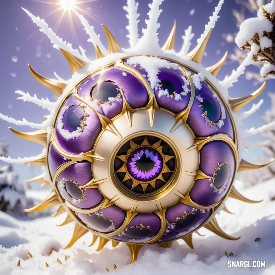 PANTONE 7673 color. Purple and gold object in the snow with a sun shining in the background