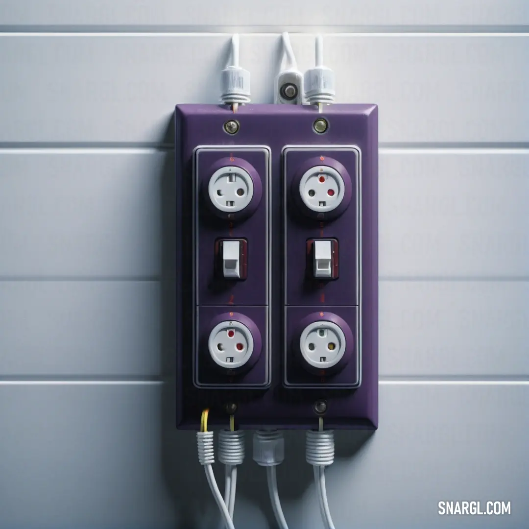 Purple electrical box with two white wires attached to it and a white wall behind it with a white tile pattern