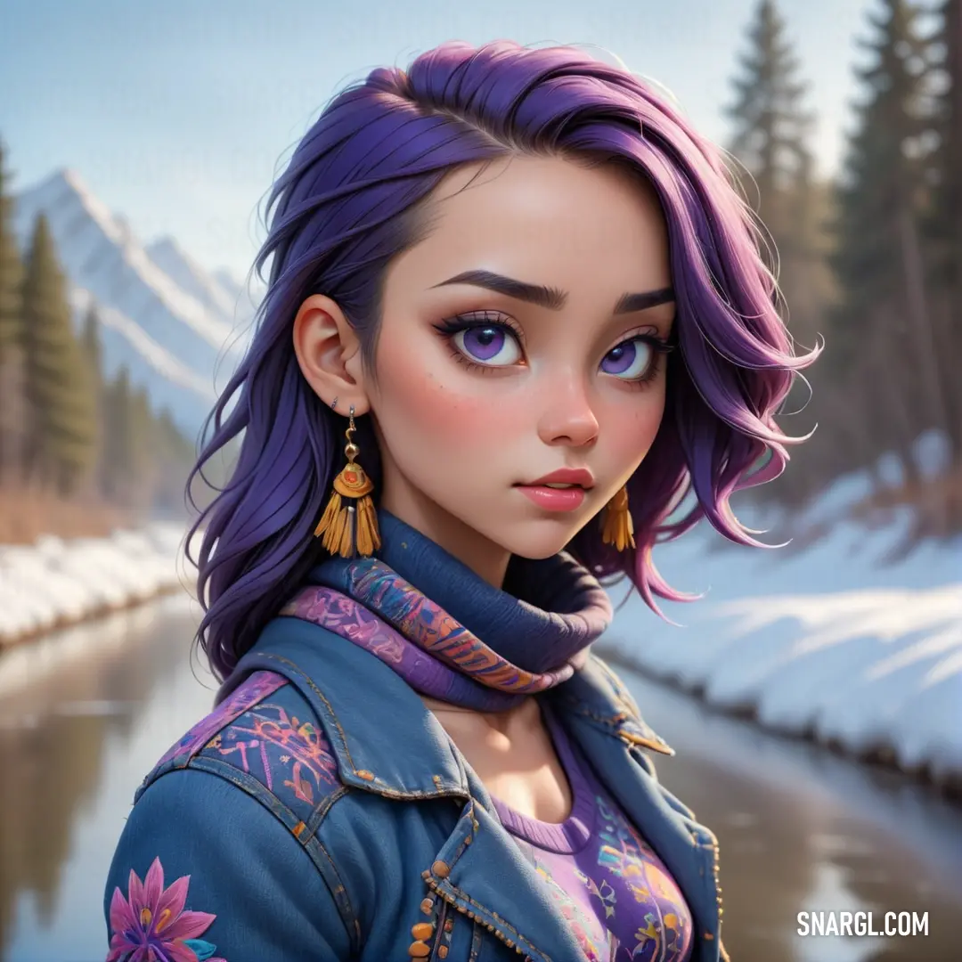 Woman with purple hair and a blue jacket is standing in front of a river and mountains with snow. Color #555887.