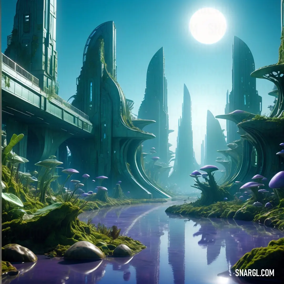 Futuristic city with a river running through it and a lot of trees and plants growing on the ground. Color CMYK 55,48,6,0.