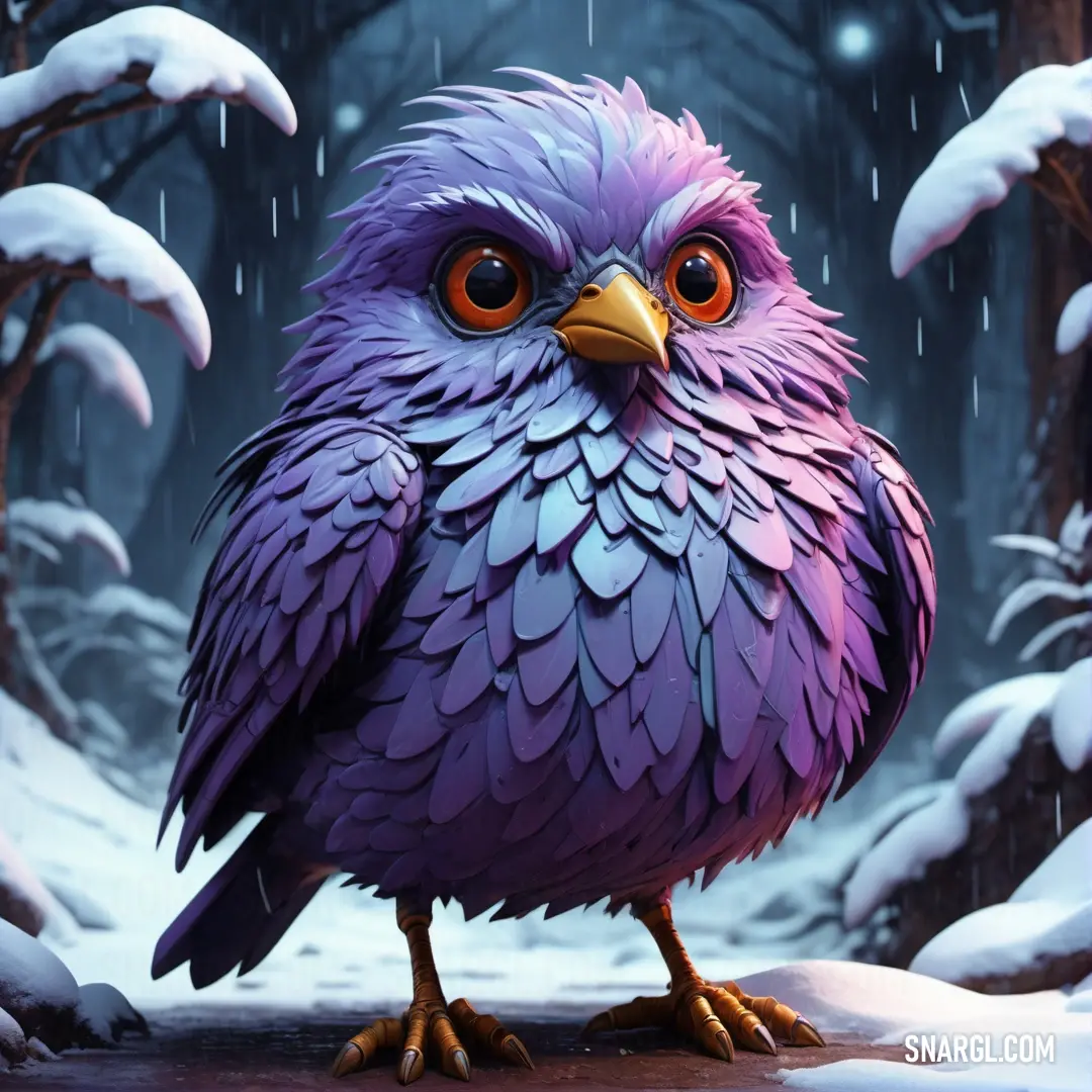 Purple bird with orange eyes standing in the snow in front of a forest with snow covered trees. Color RGB 128,133,177.