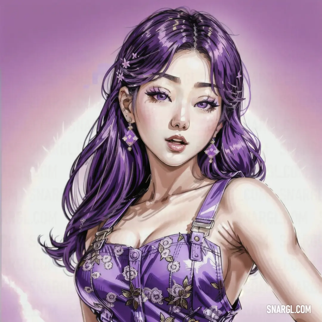 Drawing of a woman with purple hair and a bra top on,. Color PANTONE 7677.