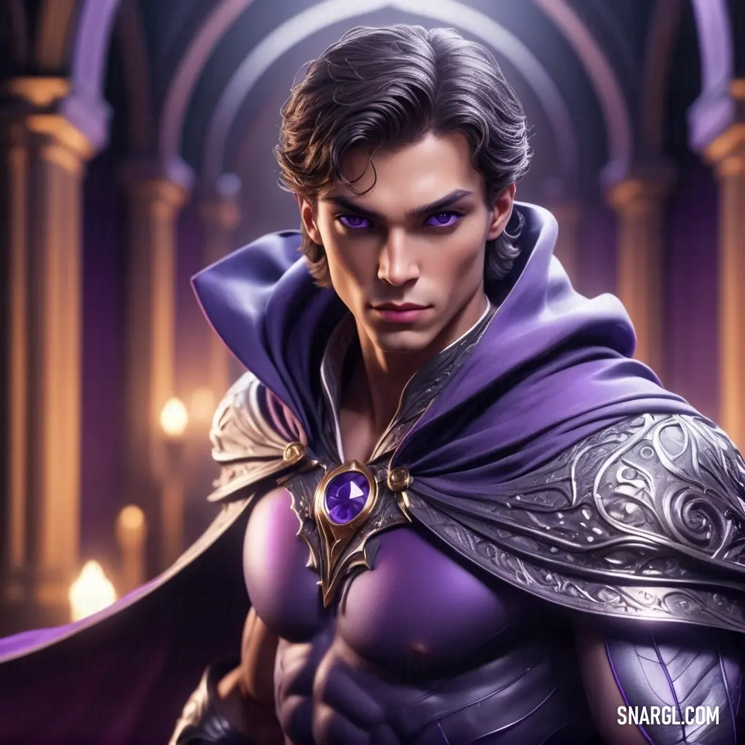 PANTONE 7677 color example: Man in a purple outfit with a sword and a purple cape on his chest