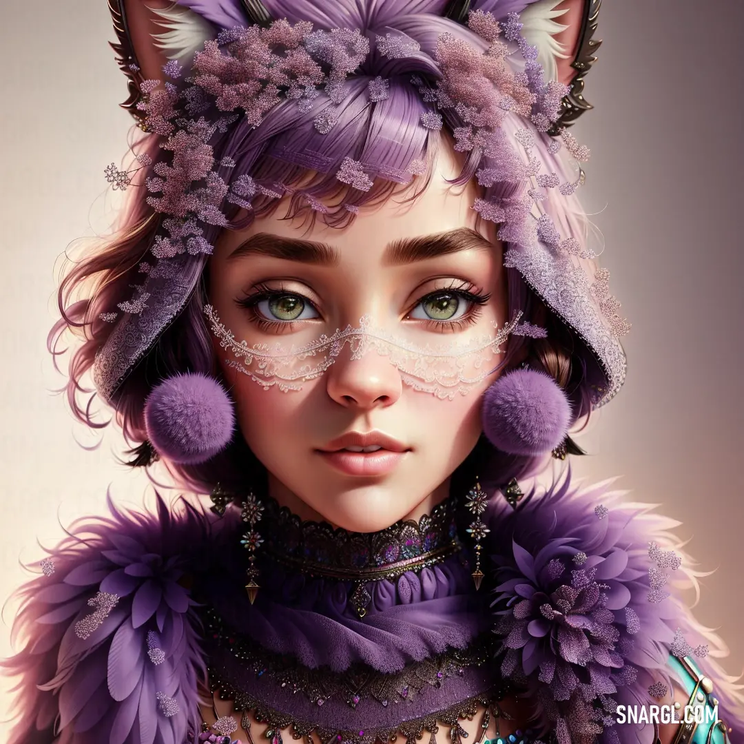 Woman with a cat's head and purple hair wearing a purple dress and a purple hat with feathers. Color RGB 114,86,155.