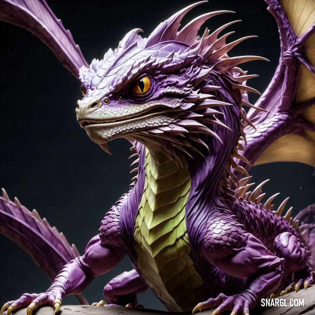 Purple dragon statue on top of a wooden table next to a black background. Color PANTONE 7677.