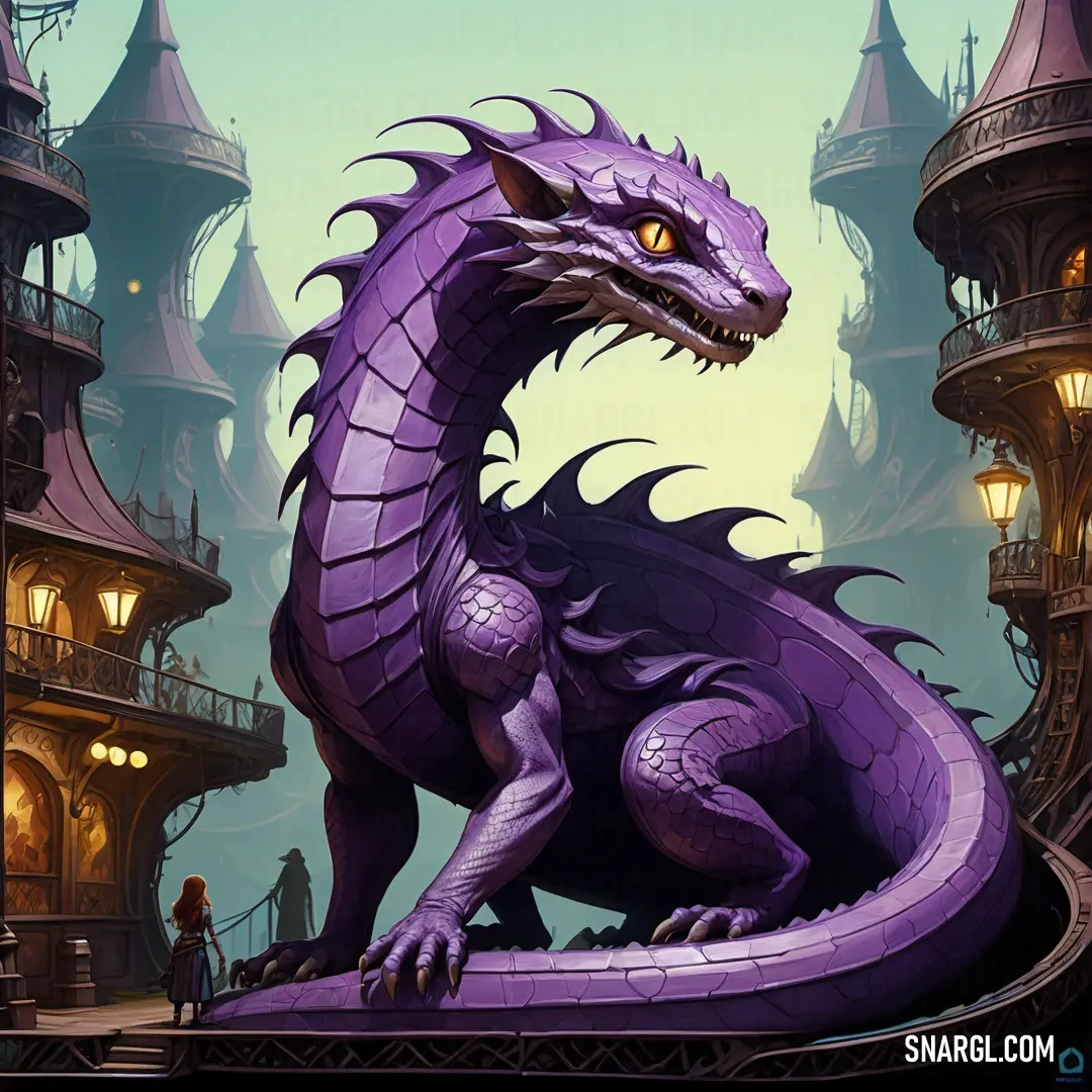 Purple dragon statue in front of a castle with a clock tower in the background. Example of PANTONE 7677 color.