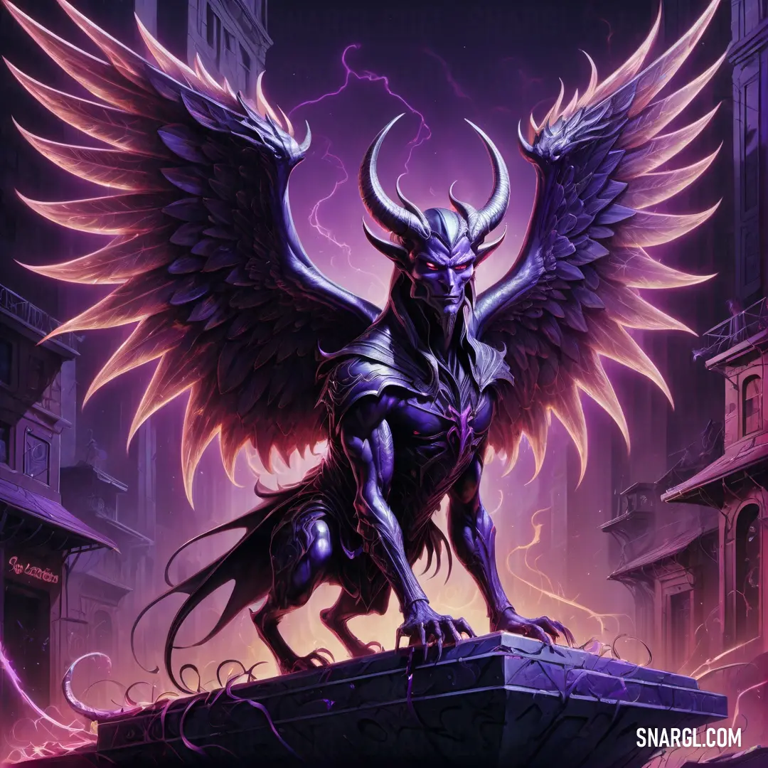 Demonic demon with huge wings on a building ledge with lightning in the background. Color RGB 108,75,148.