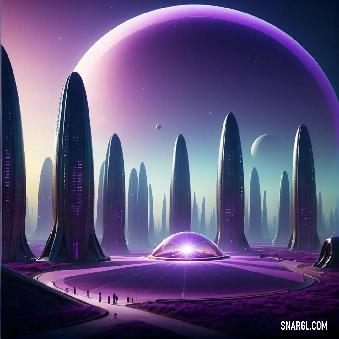 Futuristic city with a futuristic dome and a futuristic landscape with a futuristic city. Example of RGB 108,75,148 color.