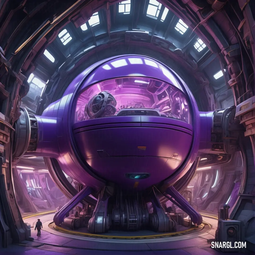 PANTONE 7678 color. Futuristic looking building with a large purple object in the center of it's interior area