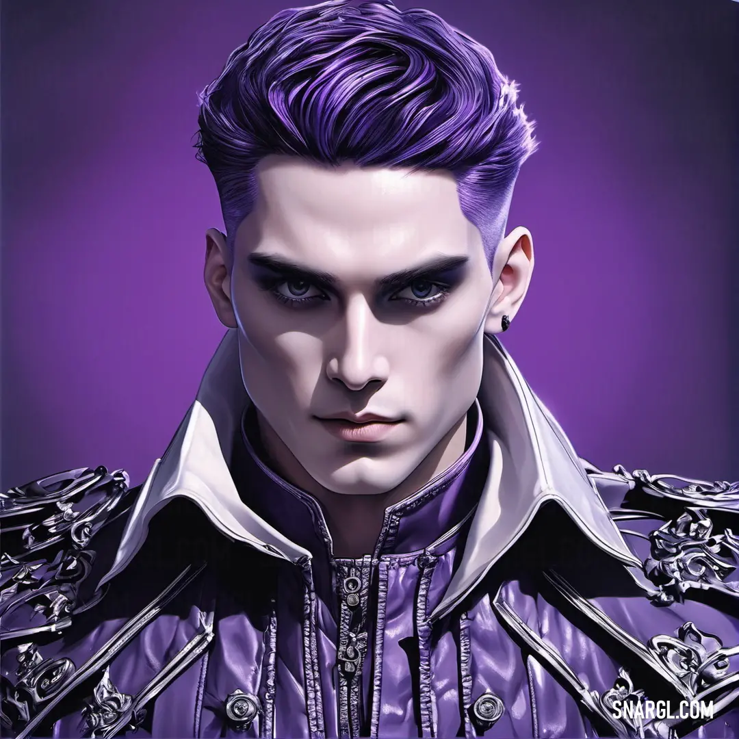 Man with purple hair and a purple jacket on a purple background. Example of PANTONE 7678 color.