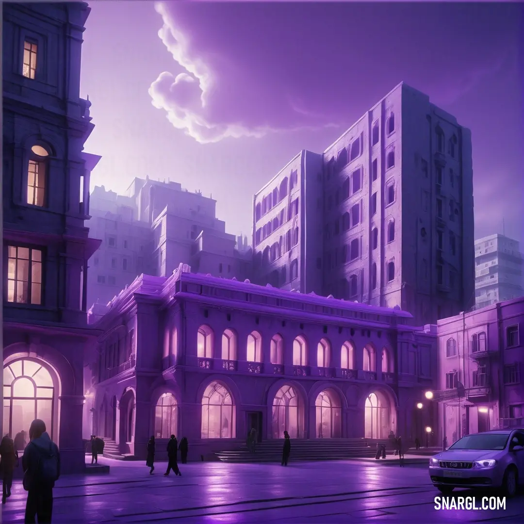 PANTONE 7678 color. Painting of a city street at night with a purple sky and buildings in the background