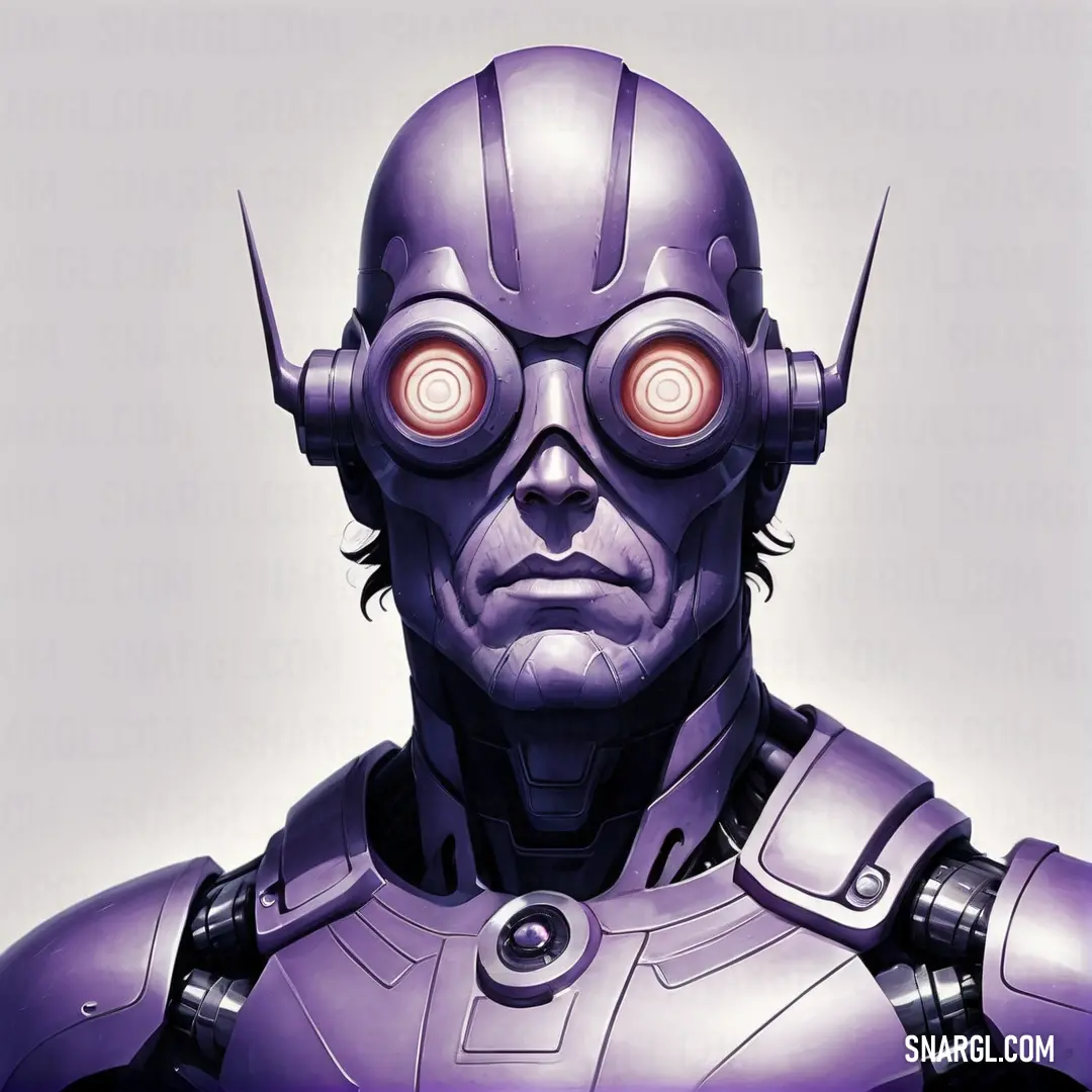 Robot with red eyes and a purple suit with a helmet on it's head. Example of RGB 108,75,148 color.