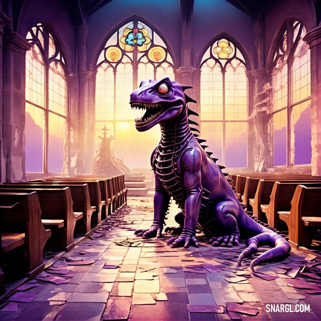 Purple dinosaur in a church with stained glass windows. Example of PANTONE 7678 color.