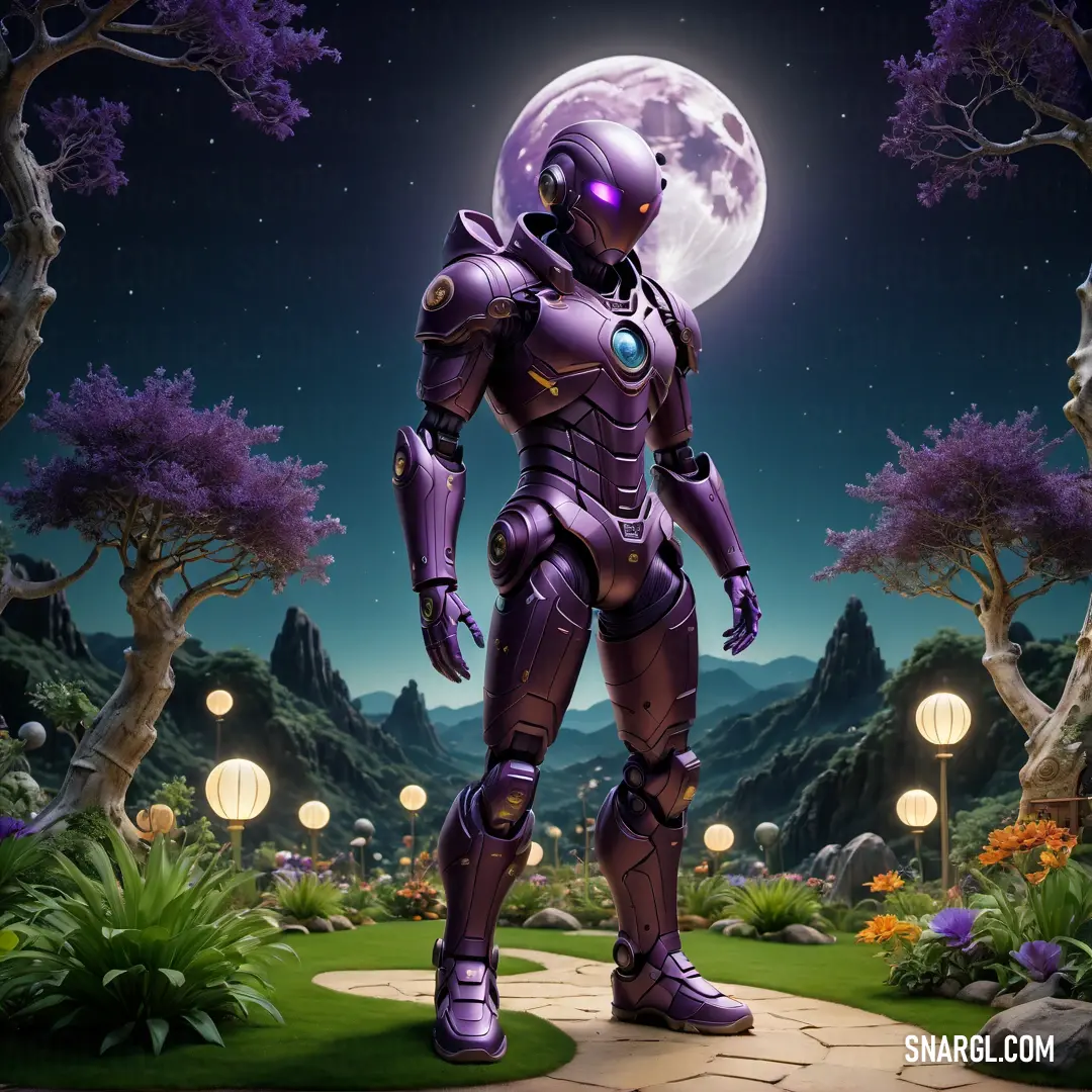 Robot standing in a garden with a full moon in the background. Example of CMYK 74,85,0,0 color.
