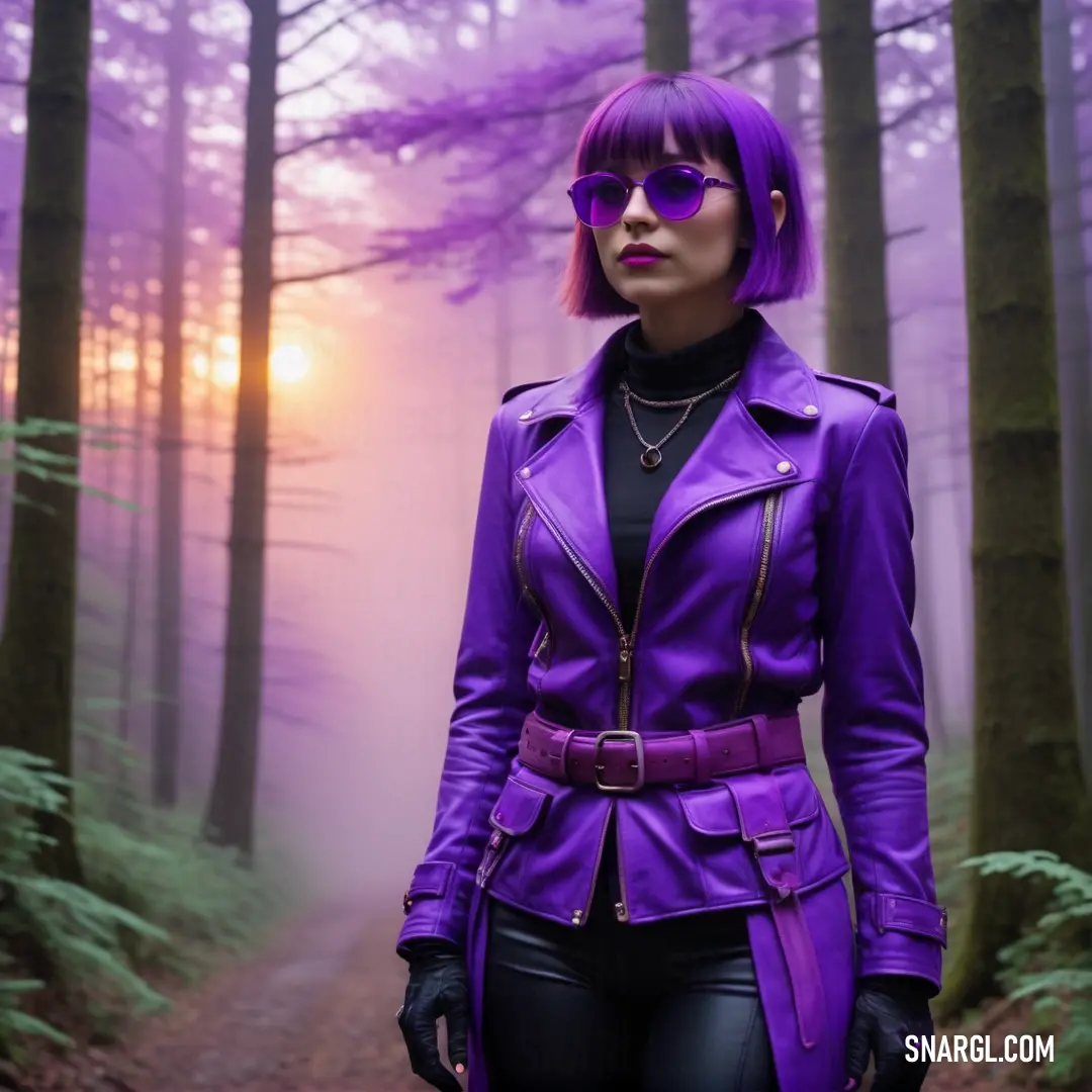 Woman in a purple leather jacket and sunglasses standing in a forest at sunset with fog. Color CMYK 87,97,0,0.