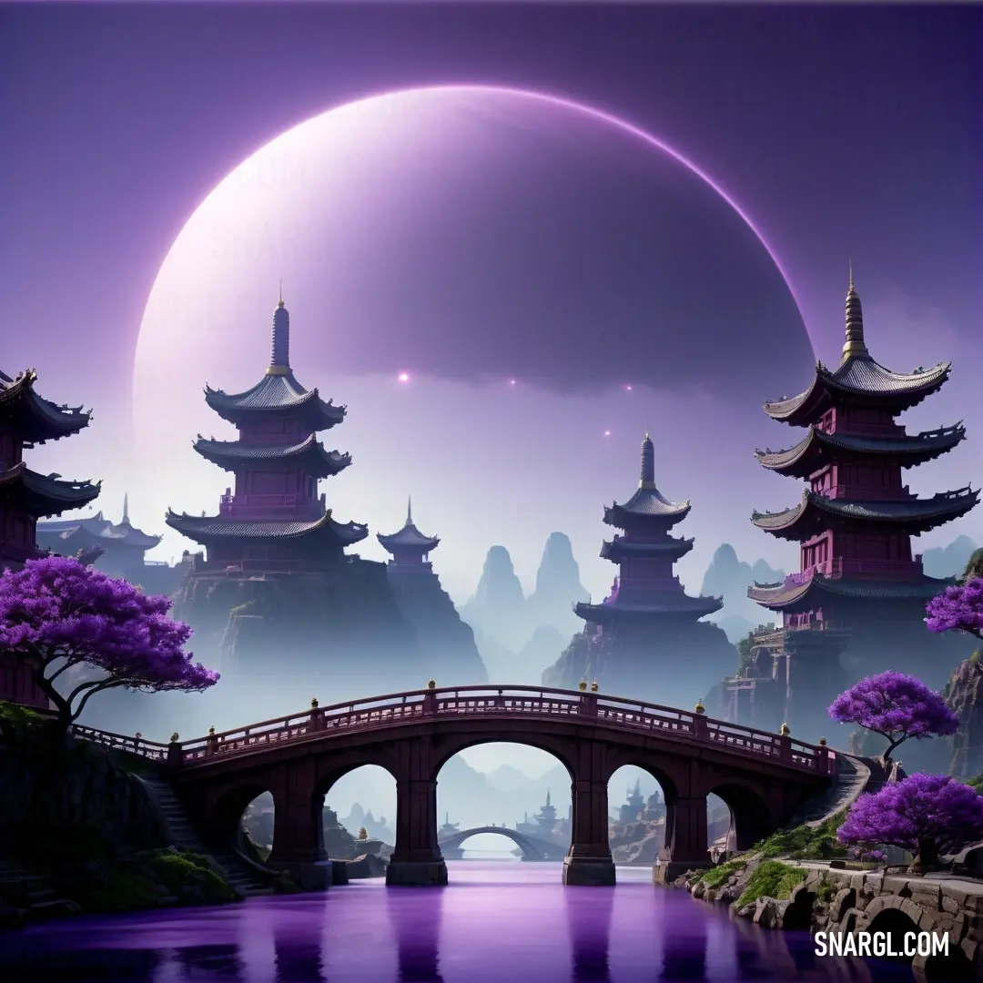 Bridge over a river with a purple sky and a moon in the background. Color #532E79.