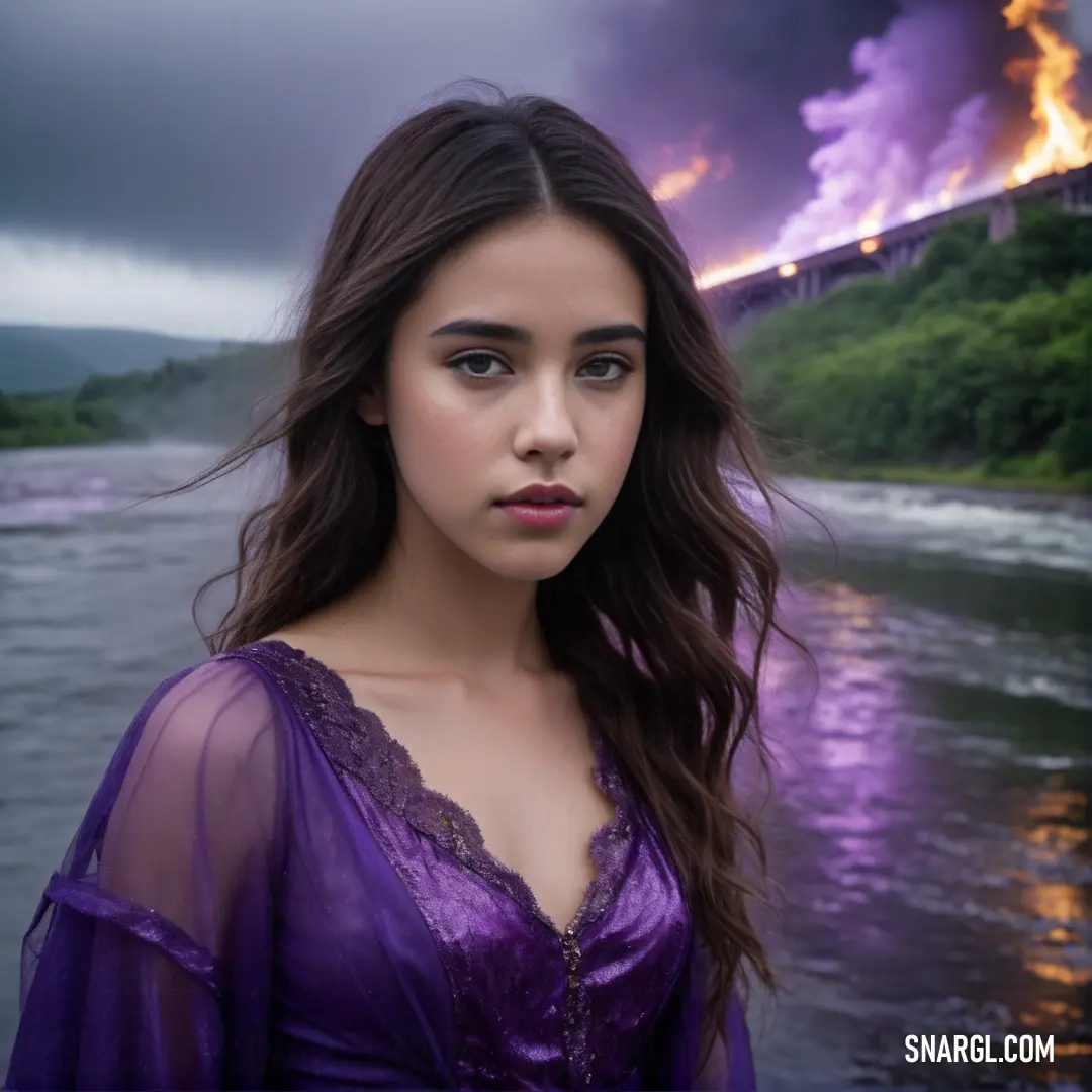 Woman in a purple dress standing in front of a river with a train on the horizon and a bridge in the background