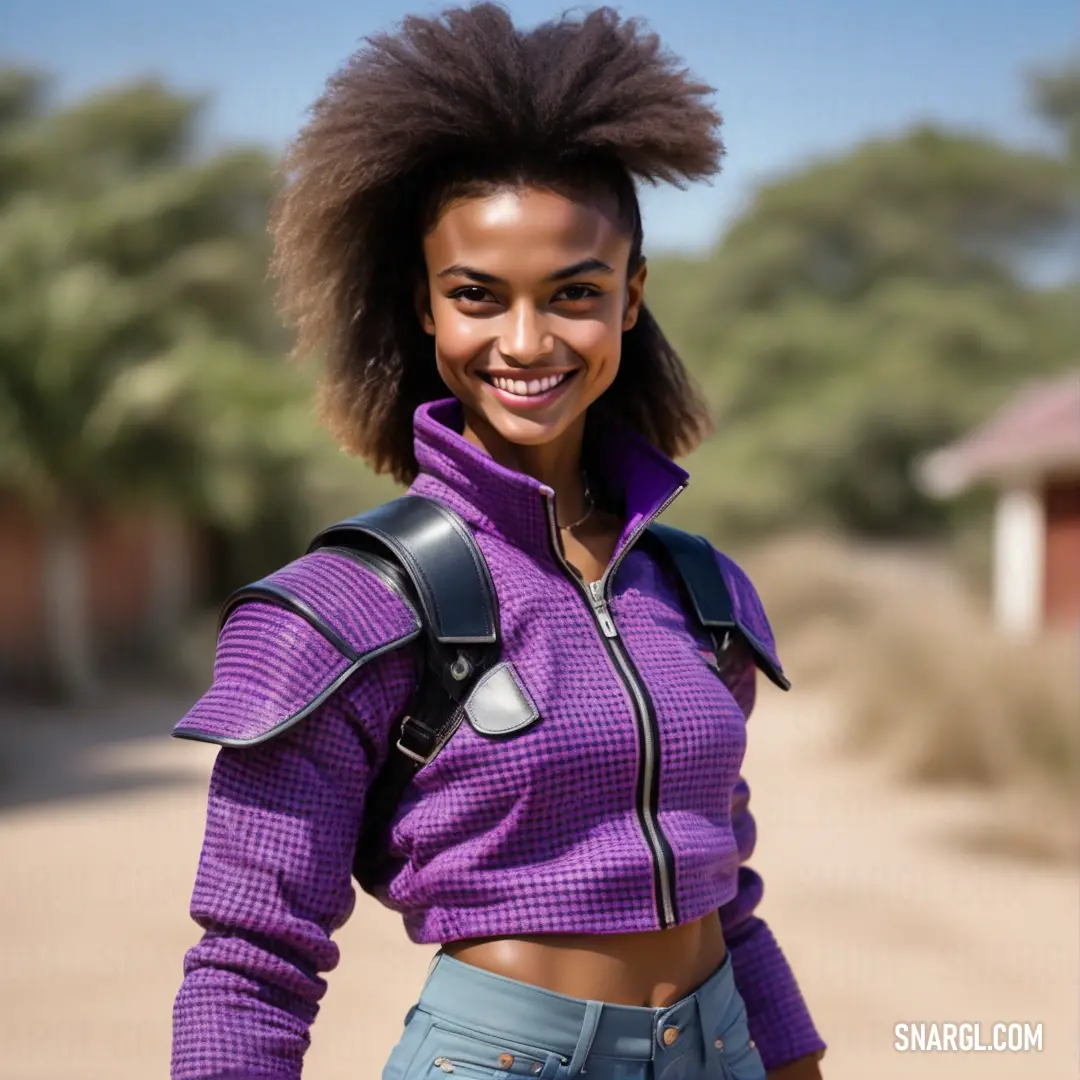 Woman with a purple jacket and a backpack on her shoulder smiling at the camera with a dirt road in the background