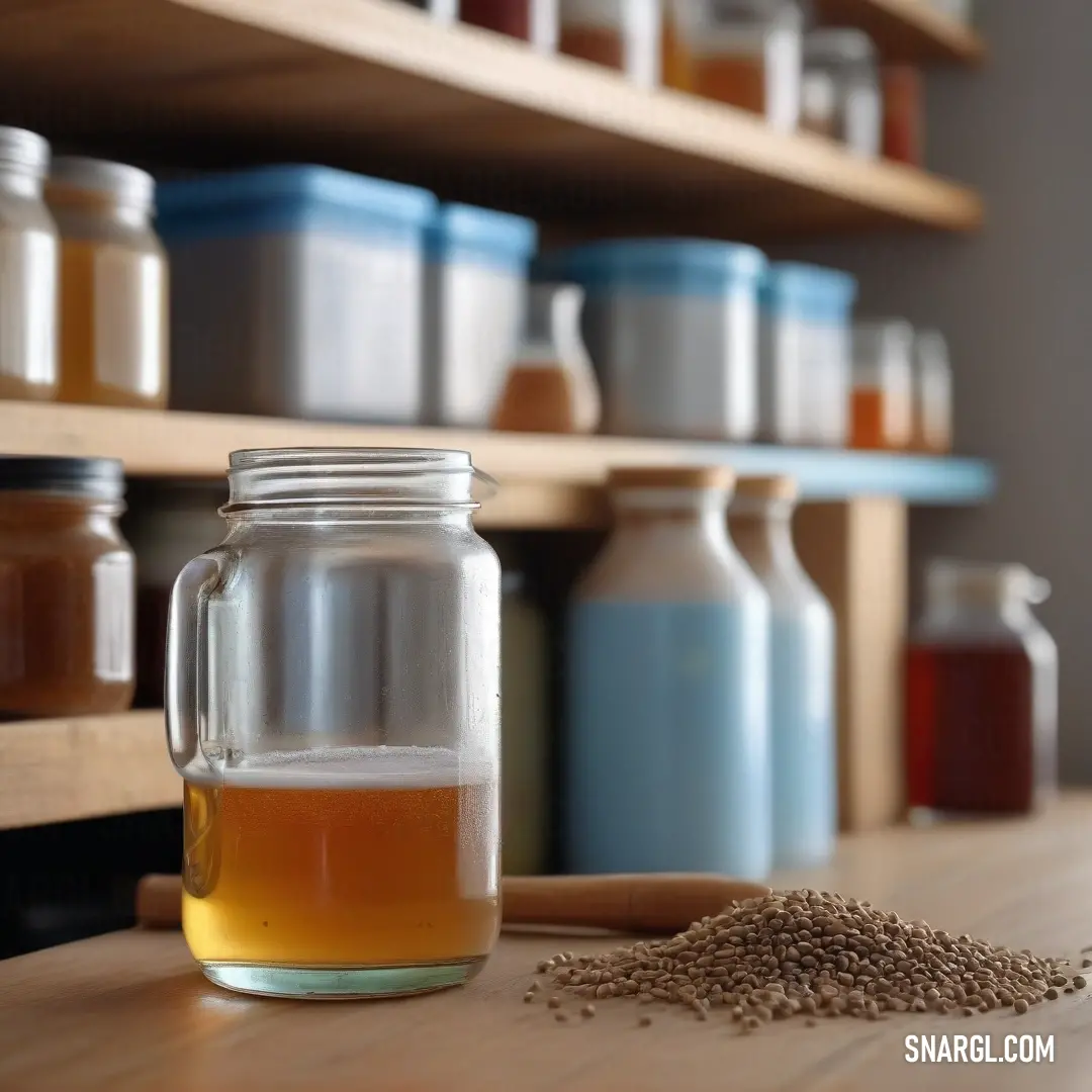 A jar filled with a shimmering liquid rests on a rustic wooden table, accompanied by a polished spoon and a wooden spoon, creating a cozy and inviting atmosphere perfect for culinary inspiration.