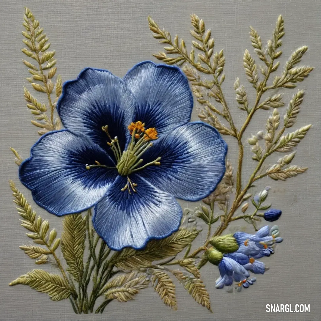 A vibrant painting depicting a blue flower with lush green leaves and delicate buds set against a soft gray background, creating a captivating blend of colors and nature's beauty.