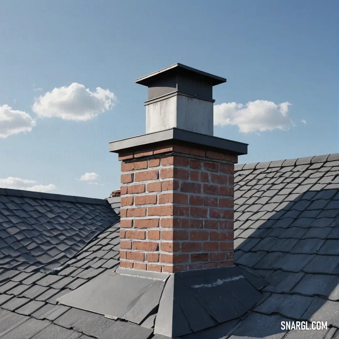 A charming chimney perched atop a house, framed against a brilliant blue sky, evoking a sense of home and tranquility while showcasing the beautiful hue of PANTONE 7681.