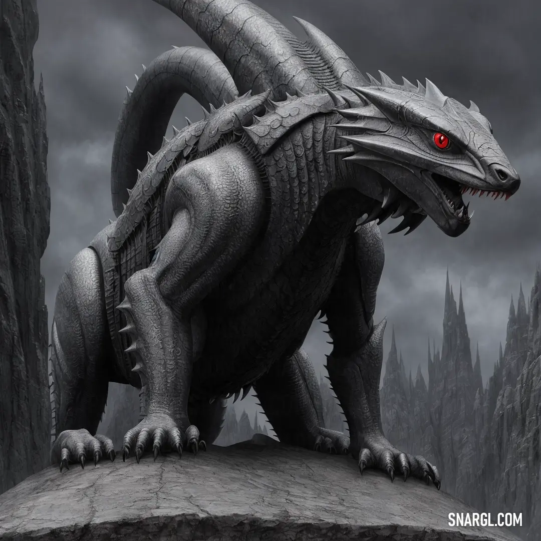 A dark and mysterious landscape features a dragon statue perched atop a rock, its glowing red eye casting an eerie light across the scene. The background fades into black, enhancing the sense of mystery and danger.