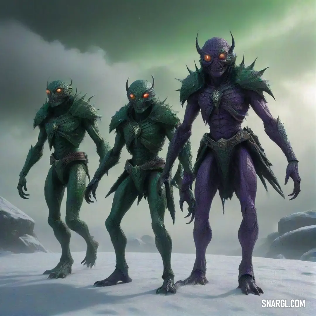 A captivating group of alien figures, each adorned with glowing eyes and unique horns, stands triumphantly on a snow-covered field. Their striking presence hints at stories from beyond the stars, inviting curiosity and wonder.