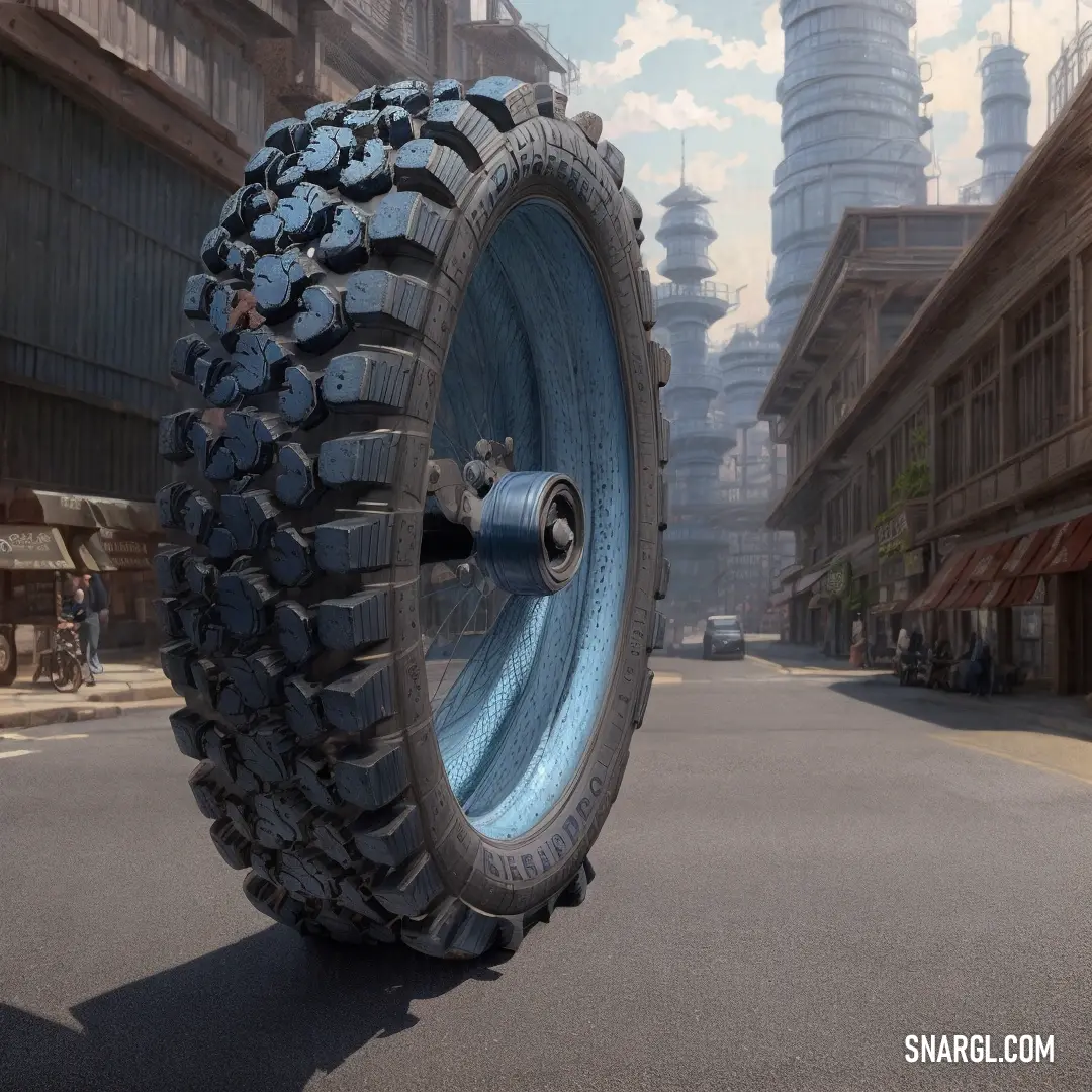 Large tire is on the side of a street in a city with tall buildings in the background. Example of #9AADD0 color.