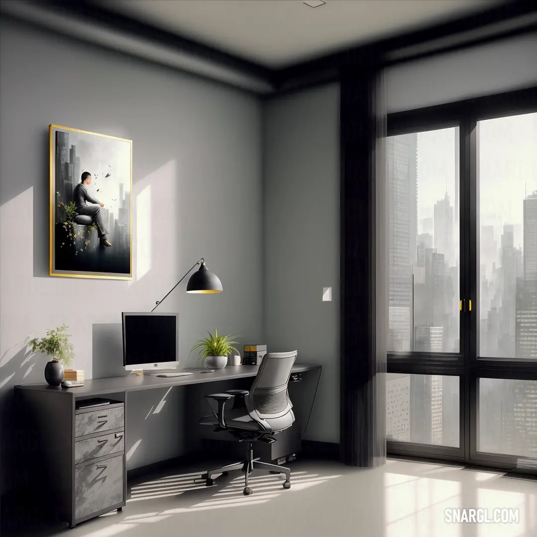 A sleek and modern room features a desk and chair set against the backdrop of a large window, offering a stunning view of the city. The soft tones of Pantone 7681 complement the contemporary design, adding a tranquil atmosphere to the space.