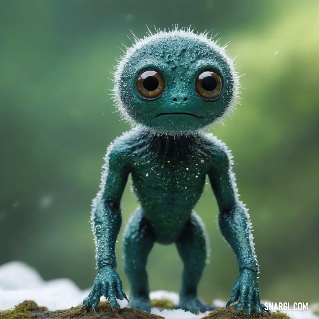 A delightful small green creature with expressive big eyes stands proudly on a rock in a snowy expanse, captured beautifully against a tranquil sky. A softer tone of green enriches the overall winter scene.