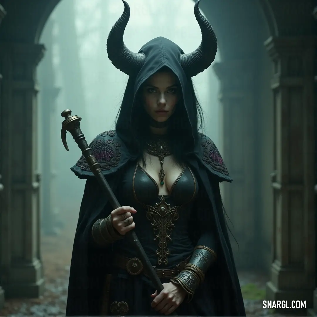 A fierce warrior woman clad in an elegant black outfit, adorned with a striking horned headdress, wields a majestic sword as she ventures through a shadowy, mystical forest illuminated by faint light.