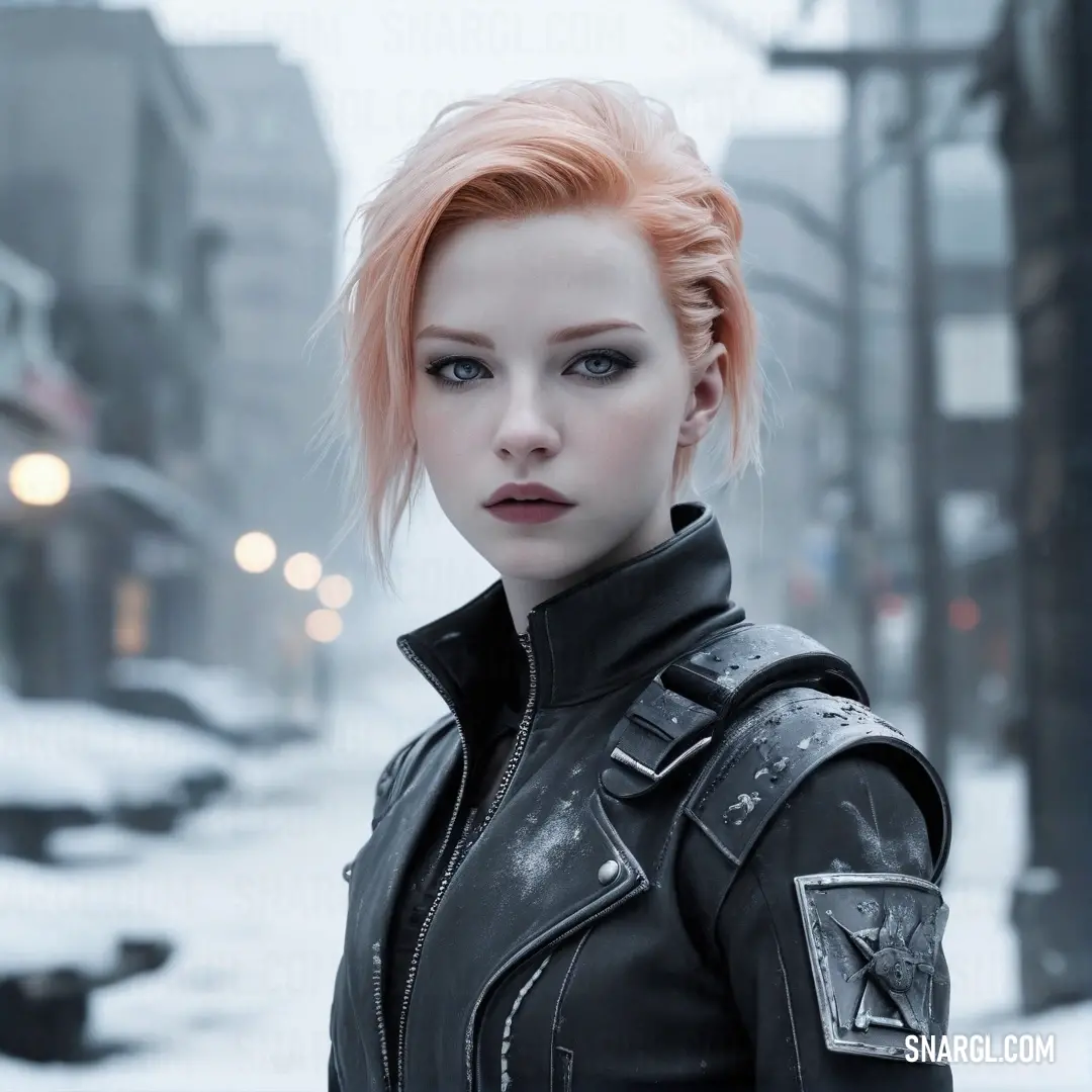 A woman with striking red hair dons a stylish leather jacket as she strolls through a bustling city street covered in snow. Surrounding buildings and parked cars create a charming wintry scene that enhances her fashionable aura.