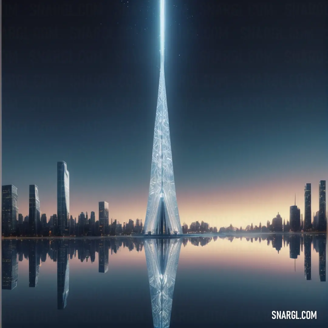 Tall building with a very tall spire in the middle of a lake with a city in the background. Example of #9AADD0 color.