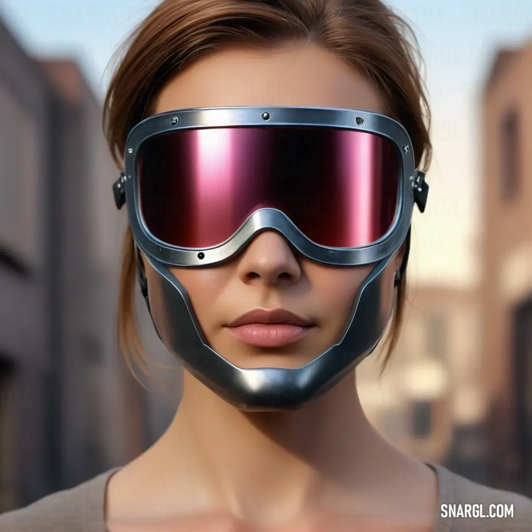 A futuristic woman clad in a sleek helmet and goggles gazes thoughtfully into the distance, set against a striking city backdrop that merges technology with urban essence, embodying innovation.