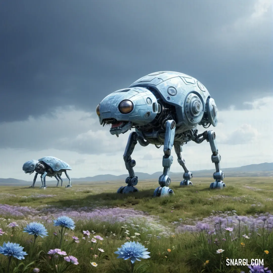 Group of strange looking animals in a field of flowers and grass with a cloudy sky in the background. Color RGB 110,142,192.