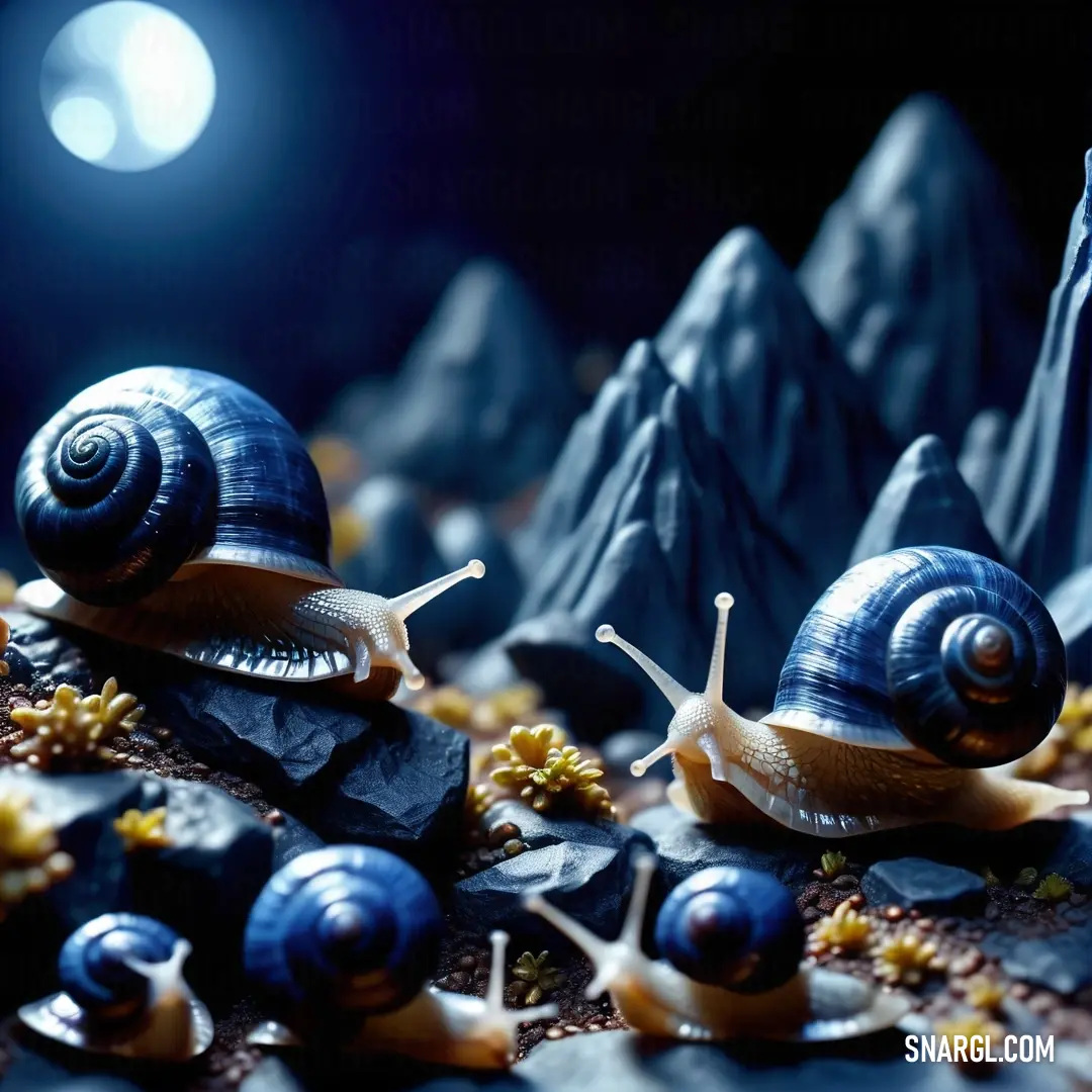 Two snails are on a rock in the night time, with a full moon in the background. Color #456DB0.