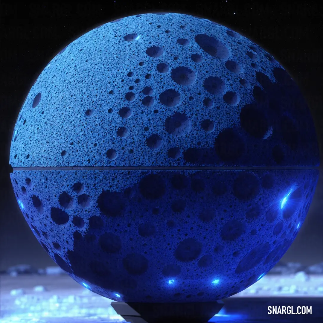 Blue ball with a lot of bubbles on it in the dark sky with a star in the background. Example of RGB 59,97,166 color.