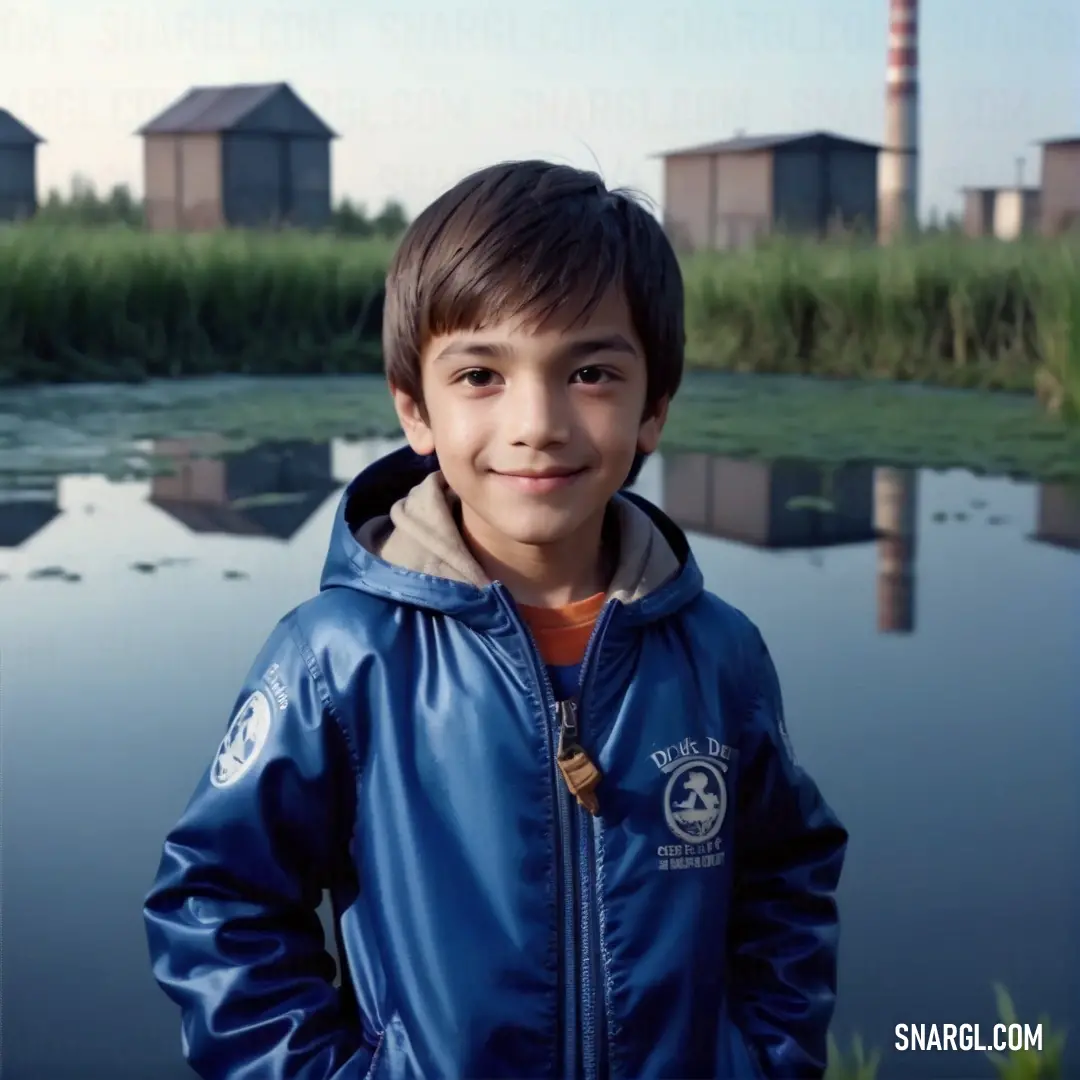 Young boy standing in front of a pond with a building in the background. Example of #3B61A6 color.