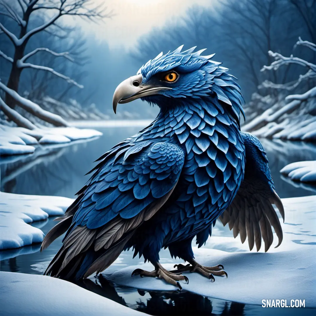 PANTONE 7685 color example: Blue bird with a yellow eyes on a snowy surface next to a river and trees
