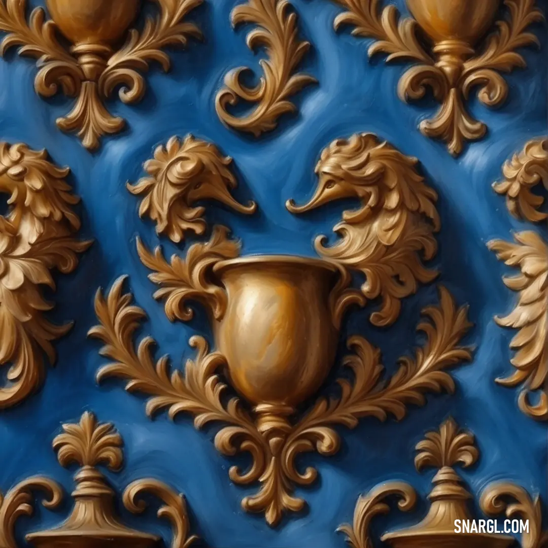 Painting of a vase on a blue wall with gold designs on it's sides. Example of PANTONE 7685 color.