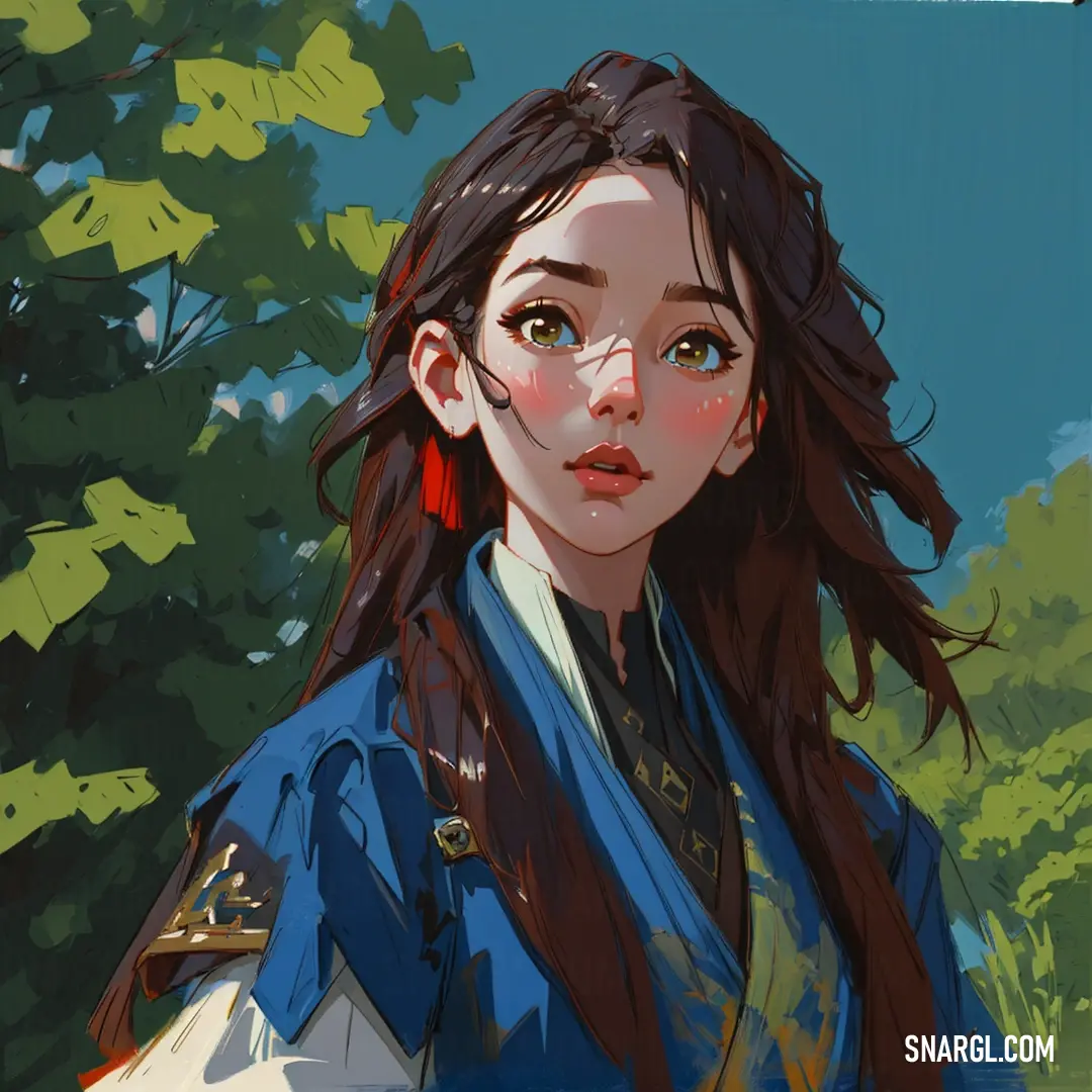 Painting of a woman with long hair and a blue jacket on, with trees in the background. Color RGB 46,89,160.