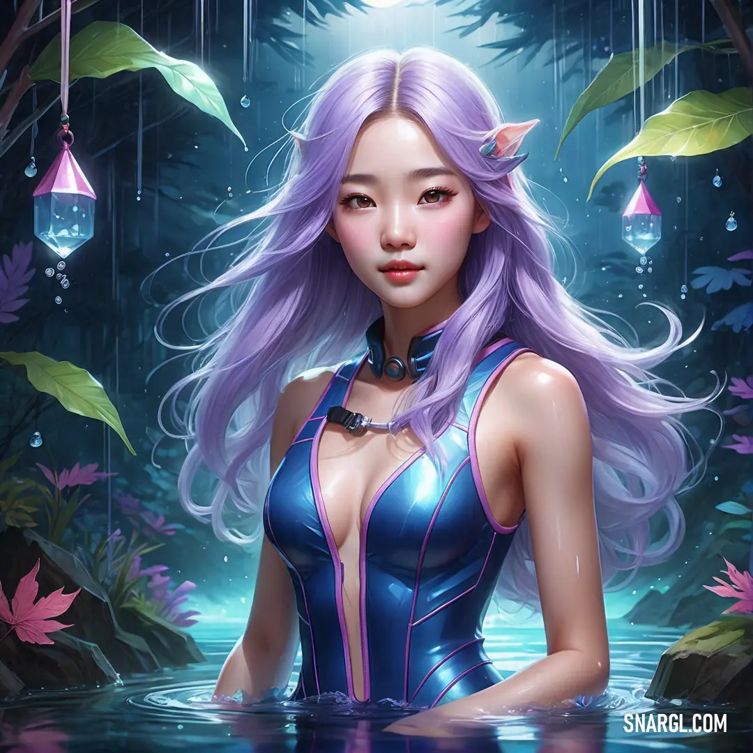 Woman with purple hair standing in a pond of water with a forest background. Color #2E59A0.