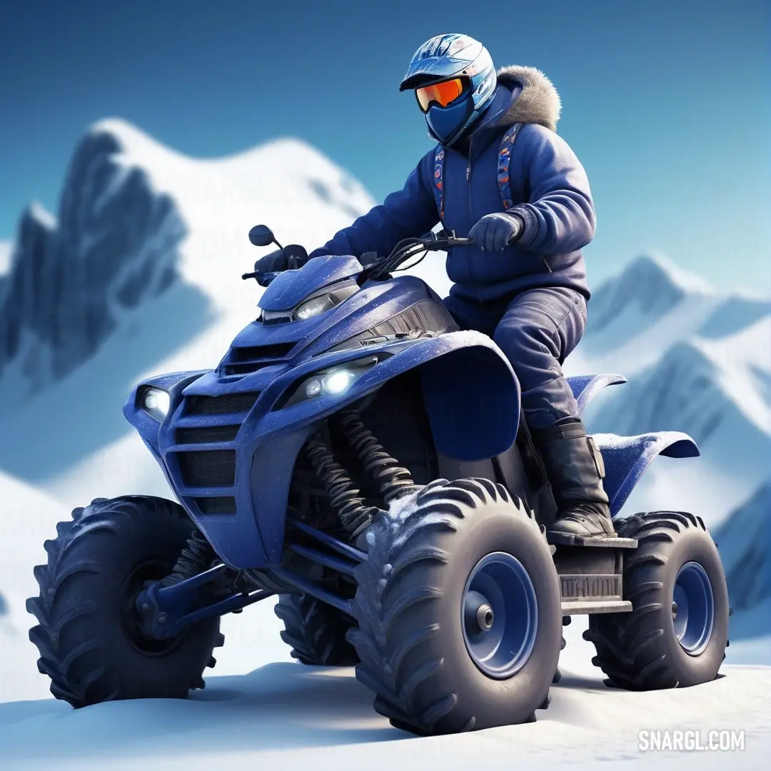 Man riding a four wheeler on a snow covered mountain side with a helmet on and goggles on. Color #264583.