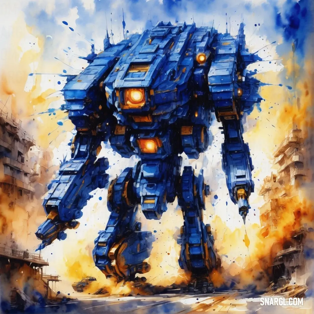 Painting of a giant robot with a lot of fire coming out of it's back end and eyes glowing. Color RGB 38,69,131.