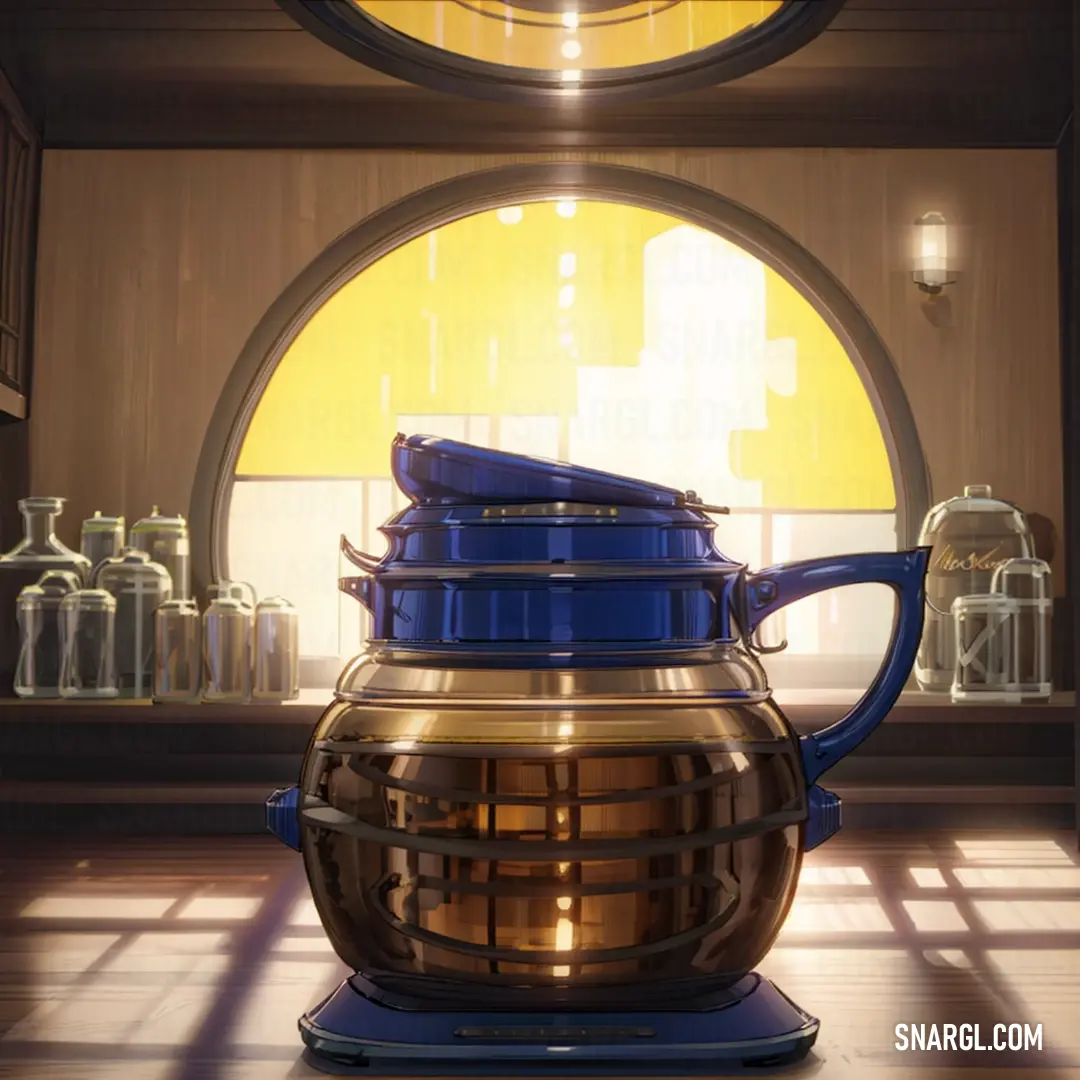 Tea pot with a blue lid and a yellow light coming through the window behind it is a shelf with glass bottles and a clock