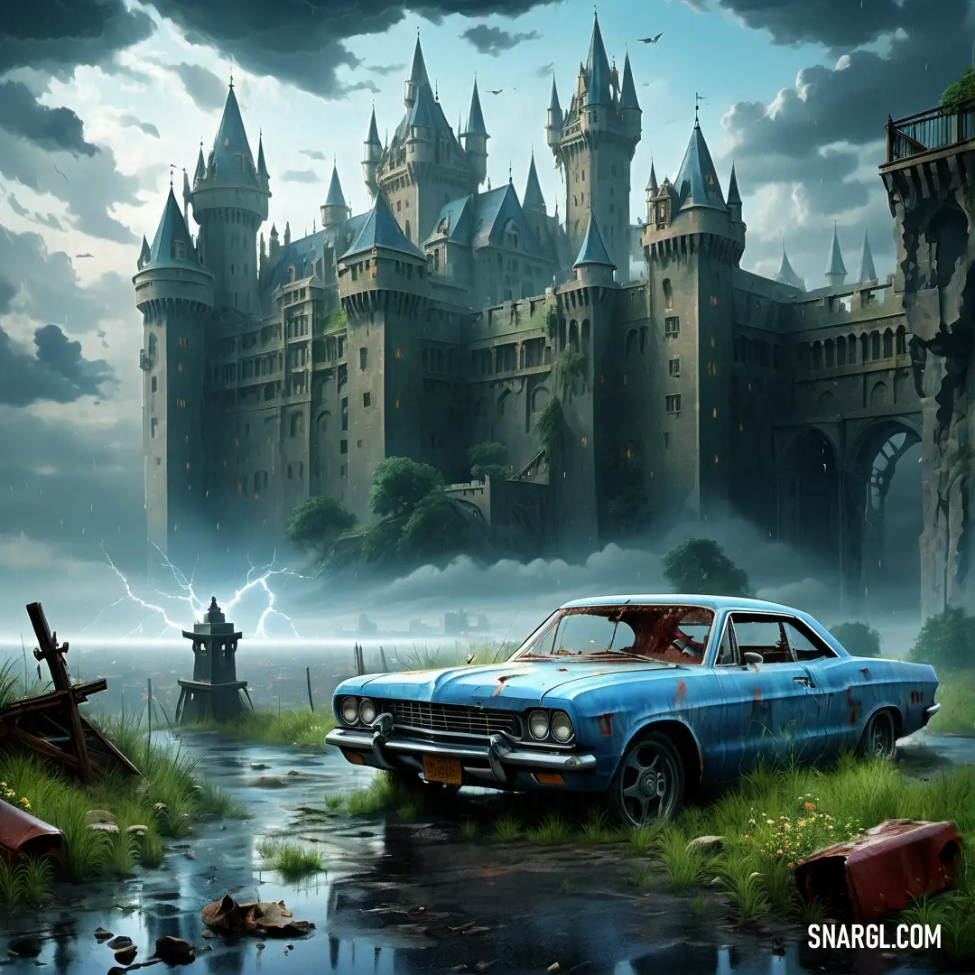 PANTONE 7688 color example: Car parked in front of a castle with a lightning bolt in the sky above it and a body of water